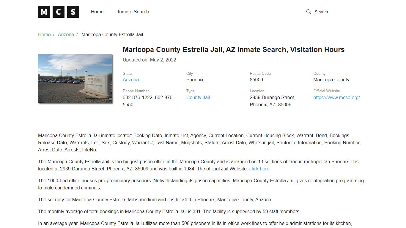 Maricopa County Estrella Jail , AZ Inmate Search ...